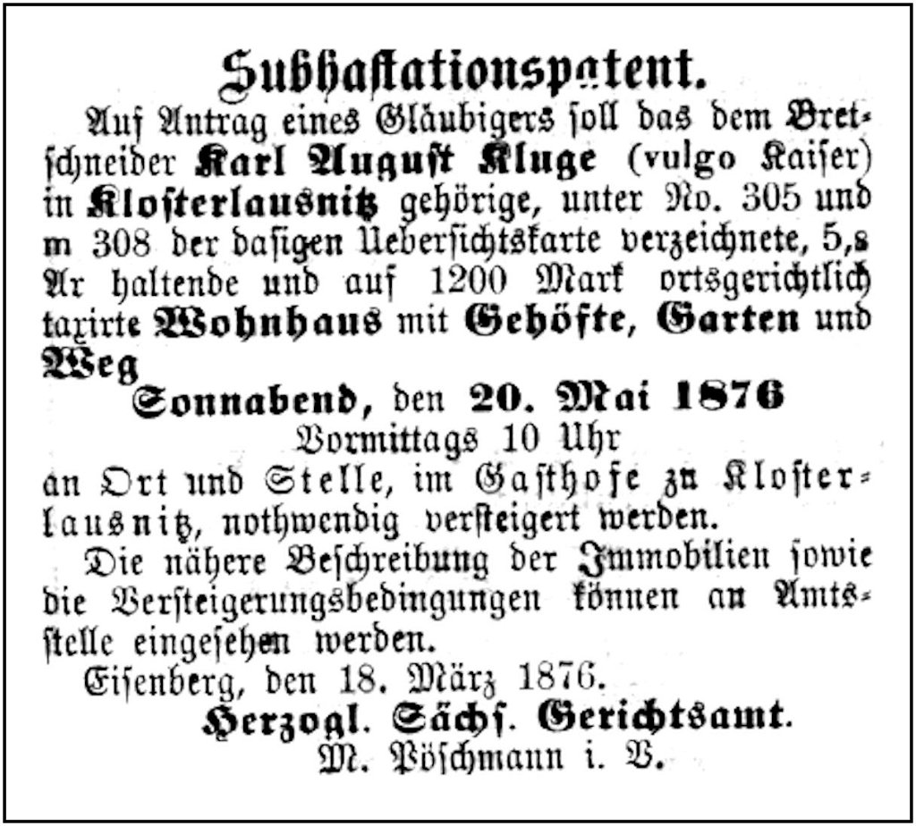 1876-03-18 Kl Versteigerung Kluge